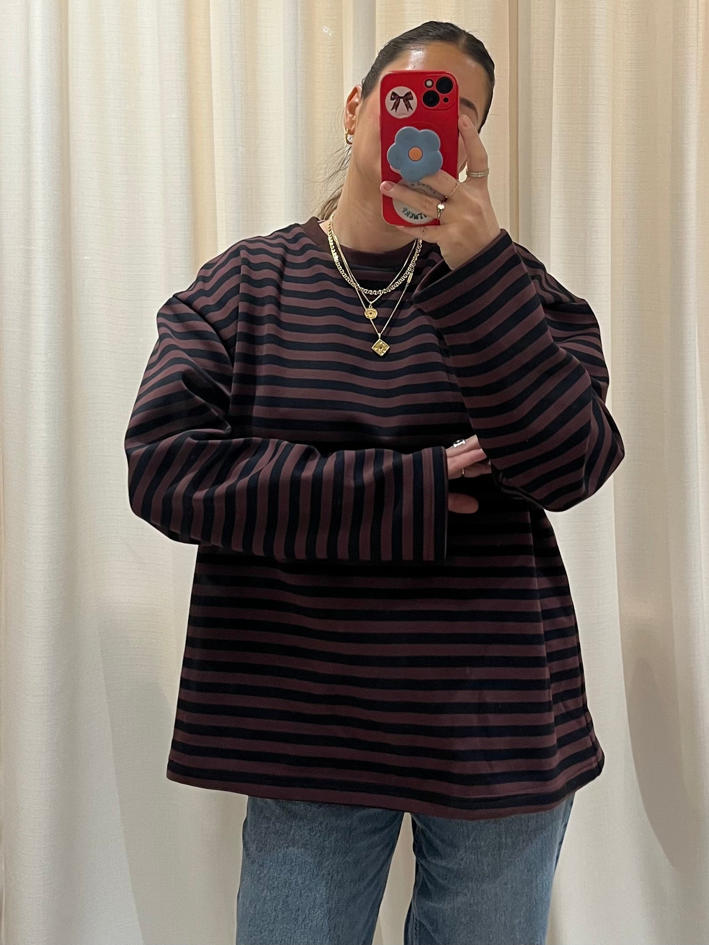 striped sweatshirt with fleece lining inside
