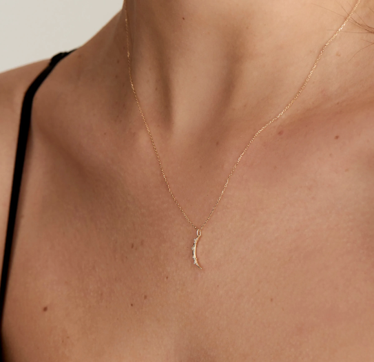 14k  gold and natural diamond moon necklace
